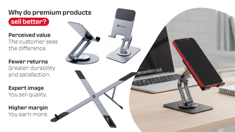Banner: “Why do premium products sell better?” — perceived value, fewer returns, expert image, higher margin. On the right, a phone on a Forcell F-Grip stand on a desk.