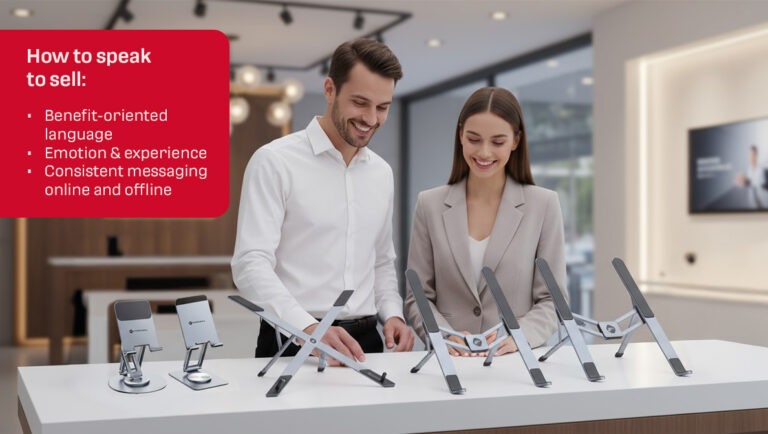 Banner: “How to speak to sell: benefit-driven language; emotions and experience; consistent messaging online and offline.” Two salespeople present Forcell F-Grip stands on a showroom counter.