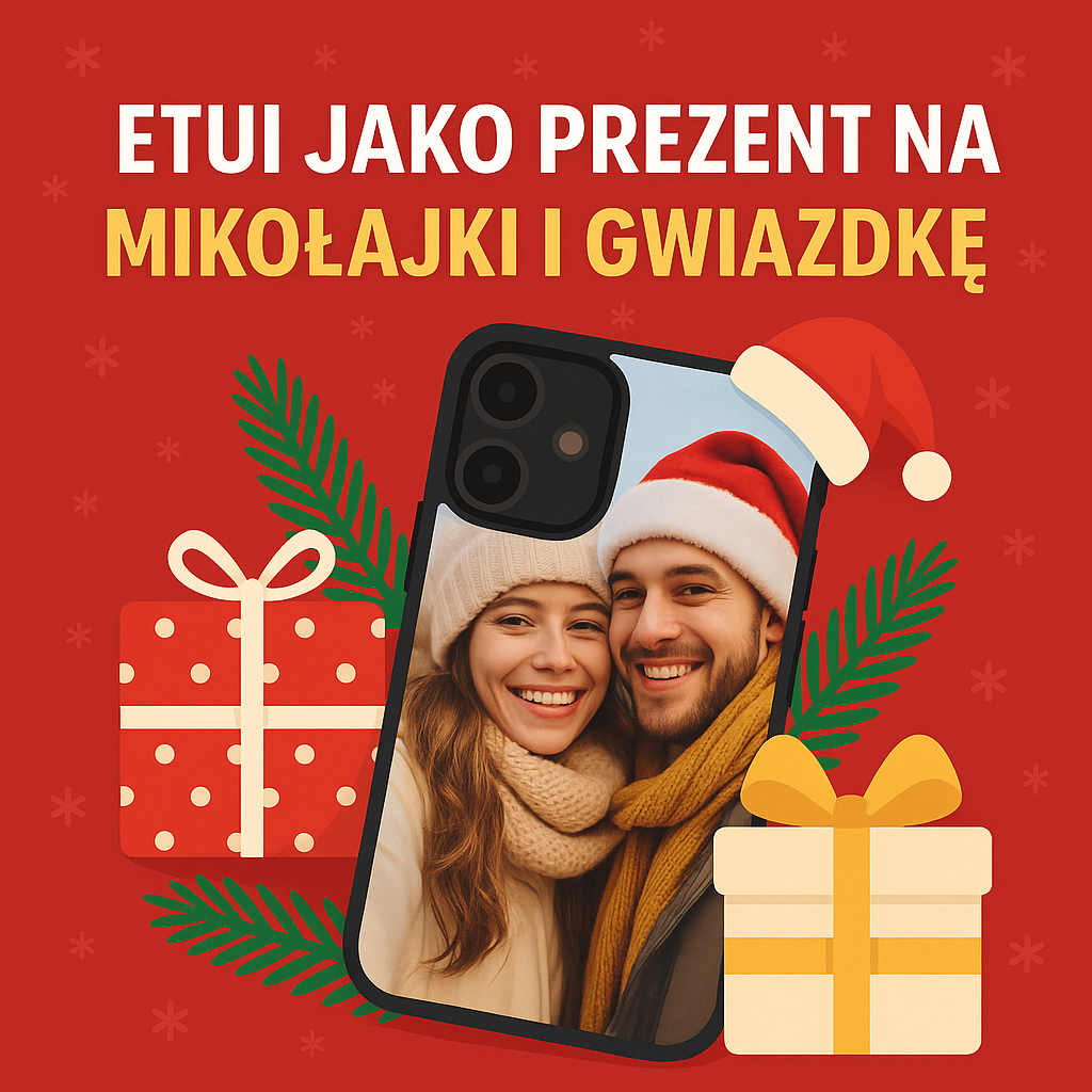 Grafika świąteczna promująca etui jako prezent na Mikołajki i Gwiazdkę