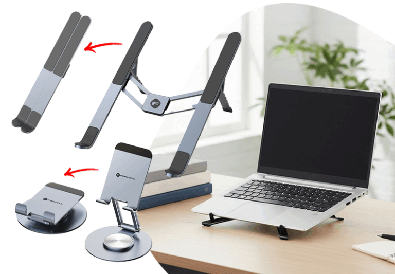 A foldable, adjustable silver laptop stand and a rotating mobile phone holder — both Forcell products — displayed next to a laptop placed on the stand on a desk.