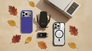 GSM accessories for autumn: a purple phone case, a transparent MagSafe case, a wireless car charger, and a 20W wall charger, surrounded by autumn leaves.
