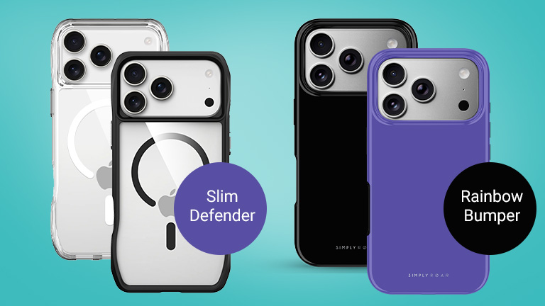 Comparison of two SIMPLY ROAR phone case models: the transparent Slim Defender case (with a black frame and MagSafe ring) and the purple Rainbow Bumper case.