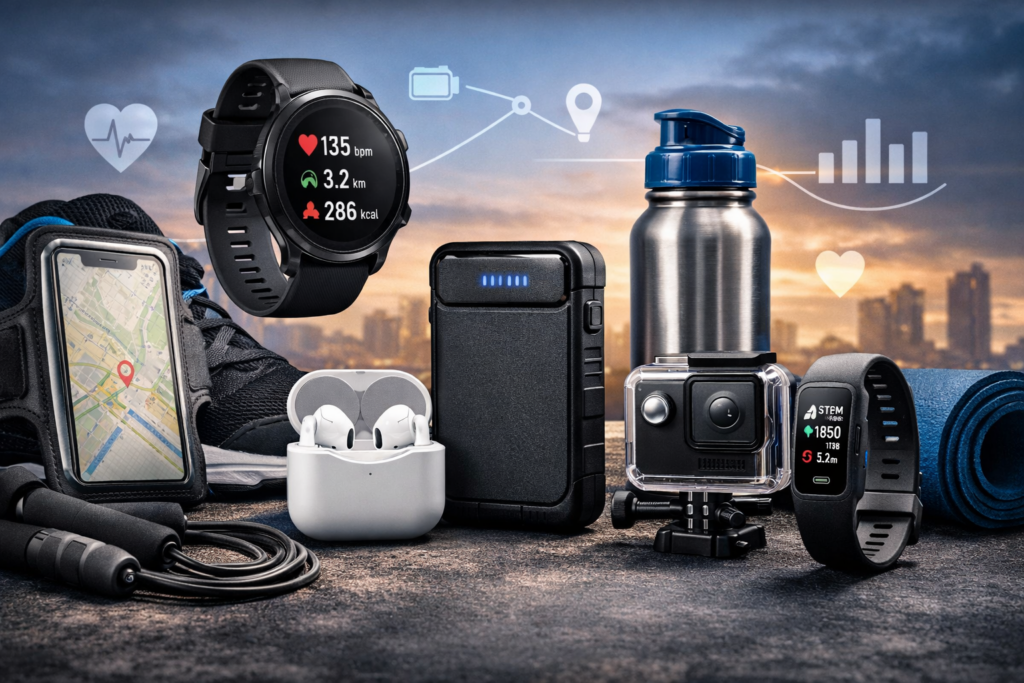 Akcesoria GSM wspierające trening – smartfon, słuchawki bezprzewodowe, smartwatch, powerbank i bidon podczas aktywności sportowej