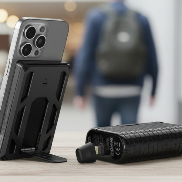 La foto muestra baterías externas modernas y compactas para iPhone colocadas sobre una mesa. Su diseño minimalista y su movilidad las hacen perfectas para quienes viajan y exploran la ciudad. Citybreak