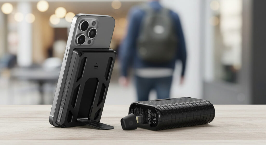 La foto mostra power bank moderni e compatti per iPhone posizionati su un tavolo. Il loro design minimalista e la loro mobilità li rendono perfetti per i viaggiatori che esplorano la città. Citybreak