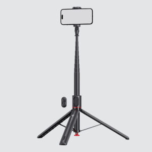 Tripod and selfie stick with remote control in one. On a clean white background.