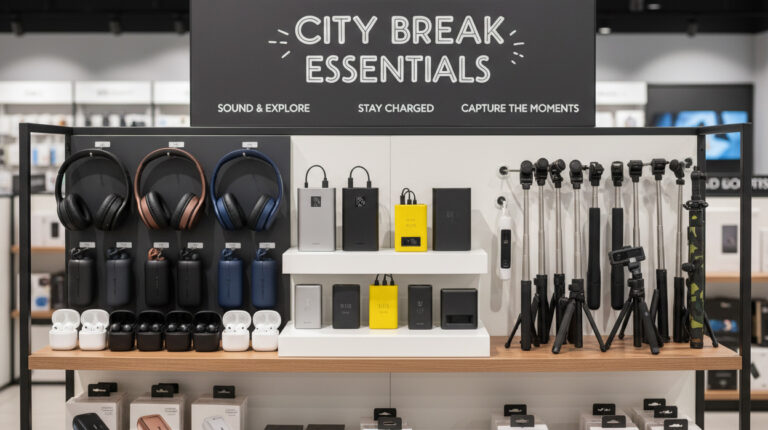 Display of City Break Essentials accessories — headphones, power banks, selfie sticks
