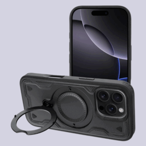 Black modern phone case with a ring stand. Packshot.