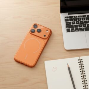 Orange protective smartphone case with magnetic ring placed on a desk