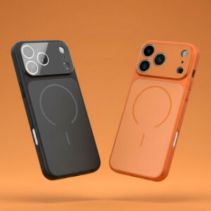 Protective smartphone cases in black and orange with magnetic ring