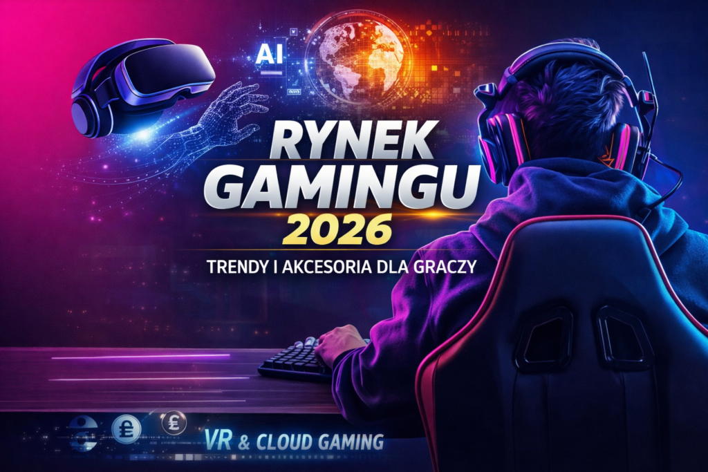 Rynek gamingu 2026 – gracz przy komputerze z klawiaturą gamingową, myszą, słuchawkami gamingowymi oraz akcesoriami komputerowymi do grania