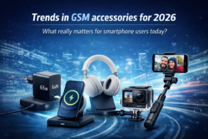 Trends in GSM accessories for 2026 showing GaN charger, wireless charging stand, ANC headphones, sports camera, and selfie stick for smartphone users