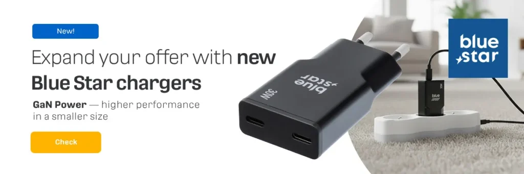 Blue Star GaN charger with dual USB-C ports, compact fast charger delivering high power in a small size
