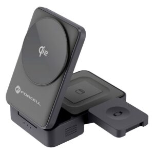 Foldable Forcell Qi2 charger with modules for phone, earbuds, and watch