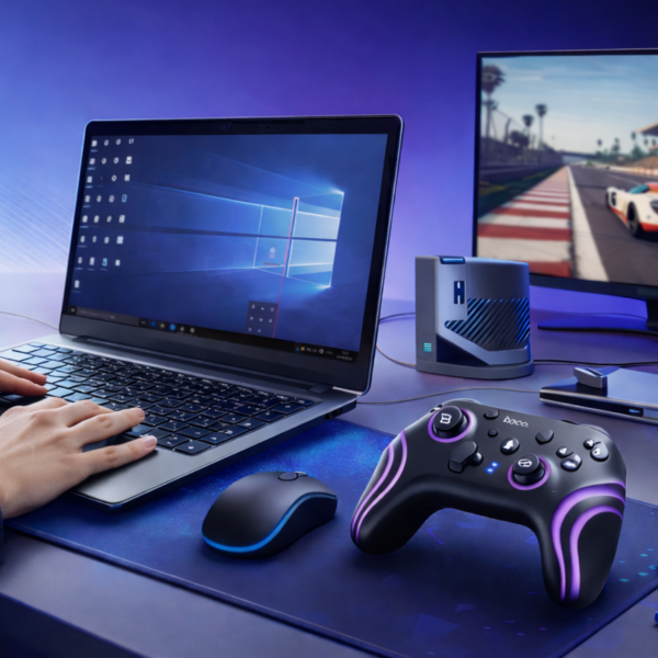 Laptop, kontroler, głośniki, monitor.