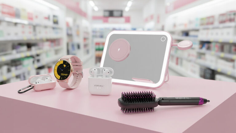 Różowe akcesoria Beauty & Tech – smartwatch, słuchawki bezprzewodowe, szczotka do stylizacji i ładowarka indukcyjna w sklepie GSM
