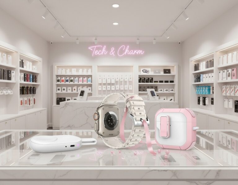 Smartwatch, etui ochronne i ładowarka bezprzewodowa w aranżacji Tech & Charm