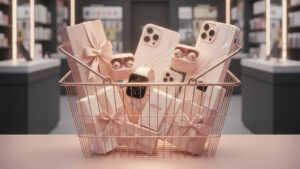 Basket with pink smartphones, earbuds and smartwatch – premium GSM accessories