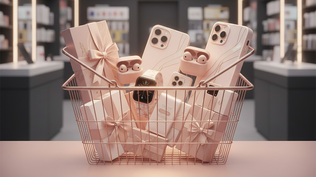 Basket with pink smartphones, earbuds and smartwatch – premium GSM accessories