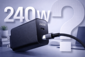 Ładowarka USB-C 240 W z podłączonym kablem na biurku – grafika ilustrująca temat szybkiego ładowania 240 W.