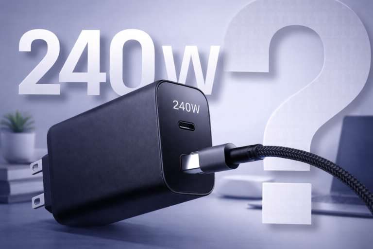 Ładowarka USB-C 240 W z podłączonym kablem na biurku – grafika ilustrująca temat szybkiego ładowania 240 W.