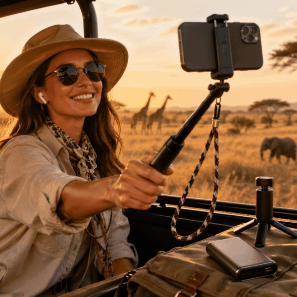 Kobieta robi selfie na safari.