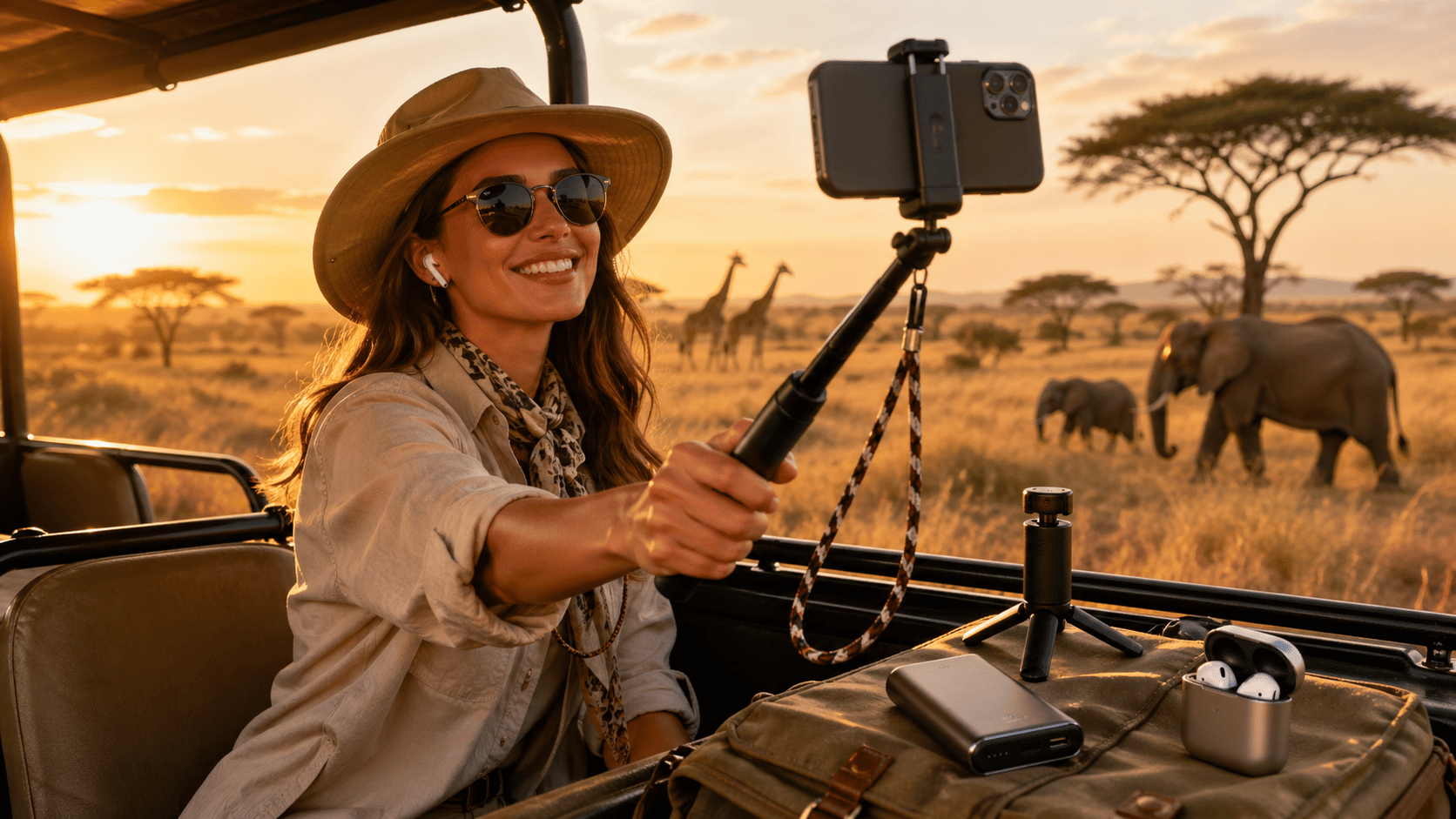 Kobieta robi selfie na safari.