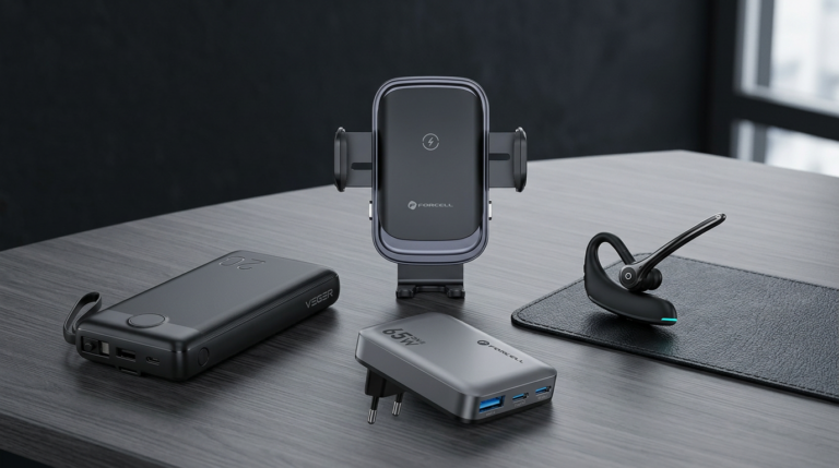 Powerbank, ładowarka, uchwyt i słuchawka Bluetooth na biurku