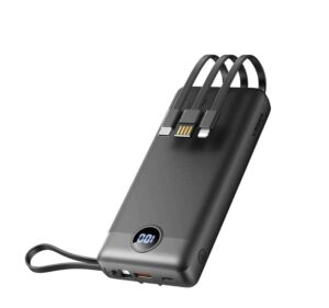 Powerbank z wbudowanymi kablami, wyświetlaczem LED i portami USB