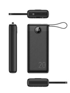Powerbank z wbudowanymi kablami, wyświetlaczem LED i portami USB