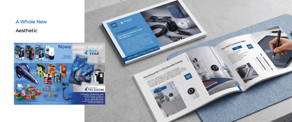 Blue Star brand visual evolution from an early mobile accessories advertisement to modern product catalogues and product presentation.