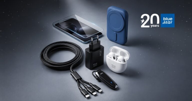 Blue Star mobile accessories including a GaN charger, power bank, TWS earbuds, charging cable and smartphone accessories.