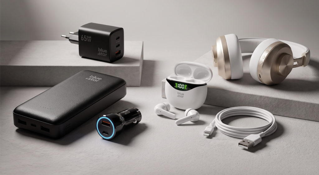 Blue Star accessories including a 65 W GaN charger, power bank, car charger, TWS earbuds, headphones and charging cable.